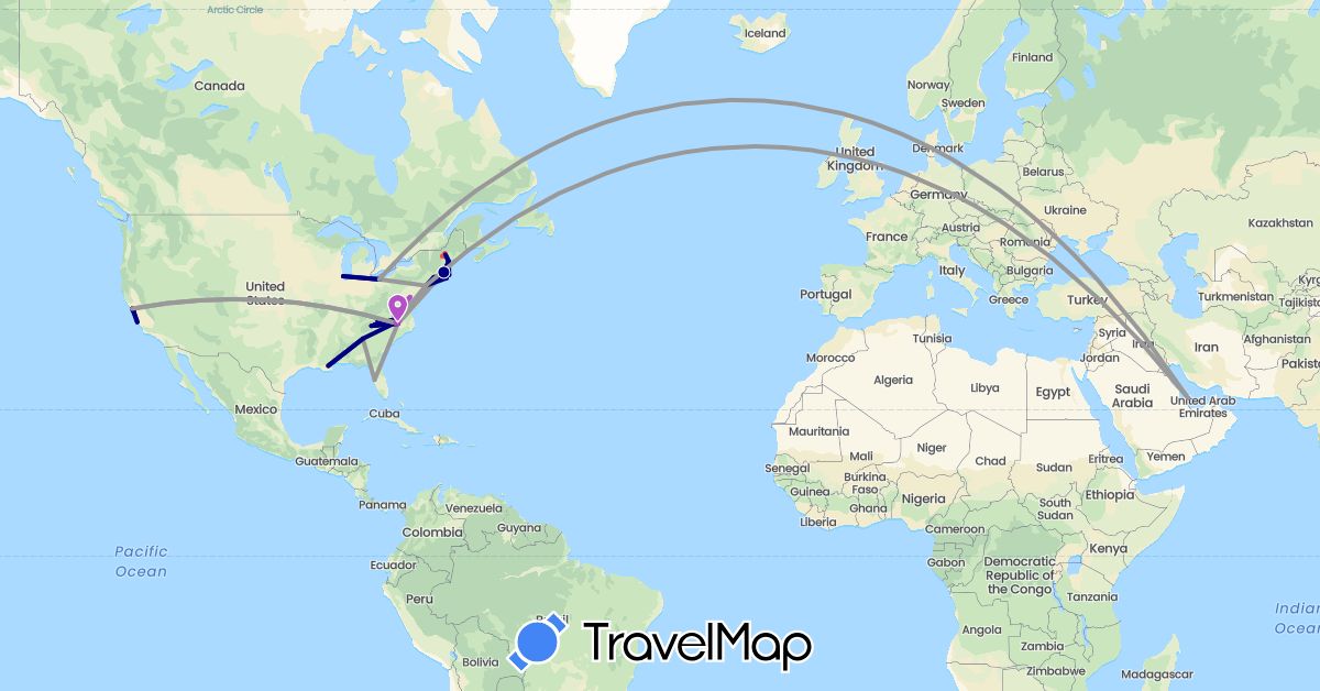 TravelMap itinerary: driving, plane, train, hiking, boat in Qatar, United States (Asia, North America)